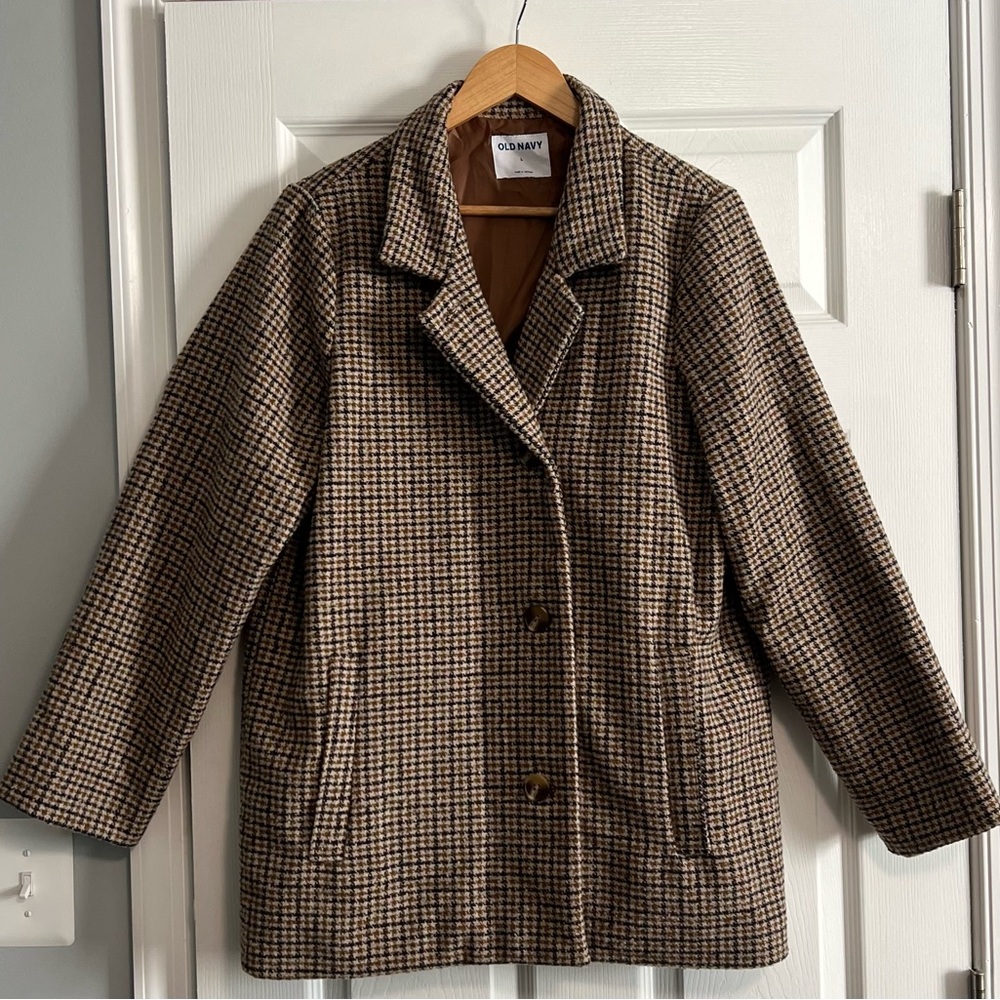 Old Navy Women's Tan Checkered Pea Coat